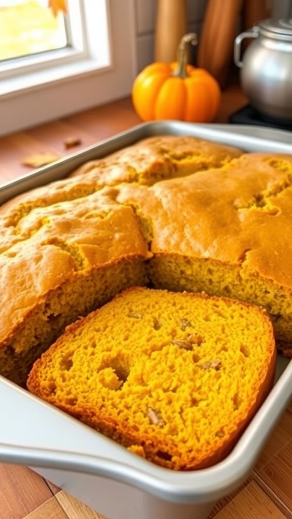 Pumpkin Banana Bread in a 9x13 Pan Sliced pumpkin banana bread in a 9x13 pan, showcasing a moist texture, with autumn leaves in the background.